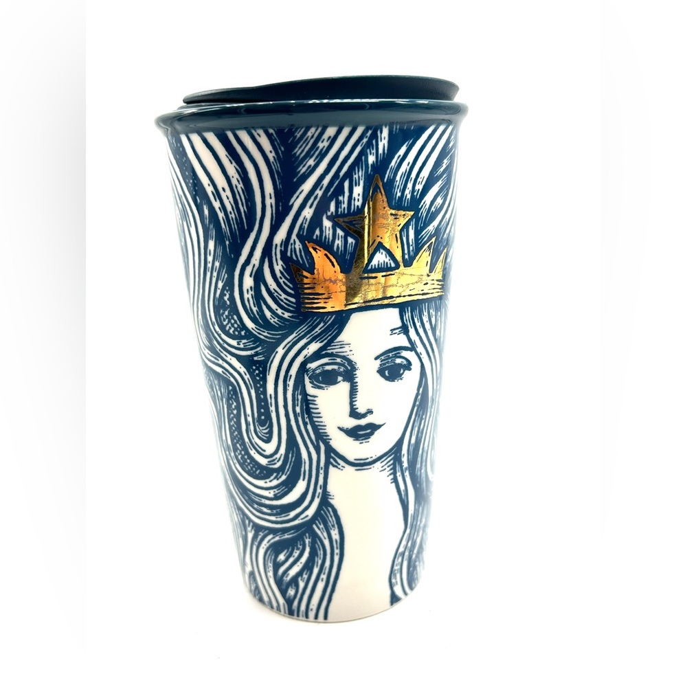 Starbucks 2016 Gold Crown Blue Mermaid Siren 12oz Ceramic Travel Tumbler Mug - Picture 8 of 16